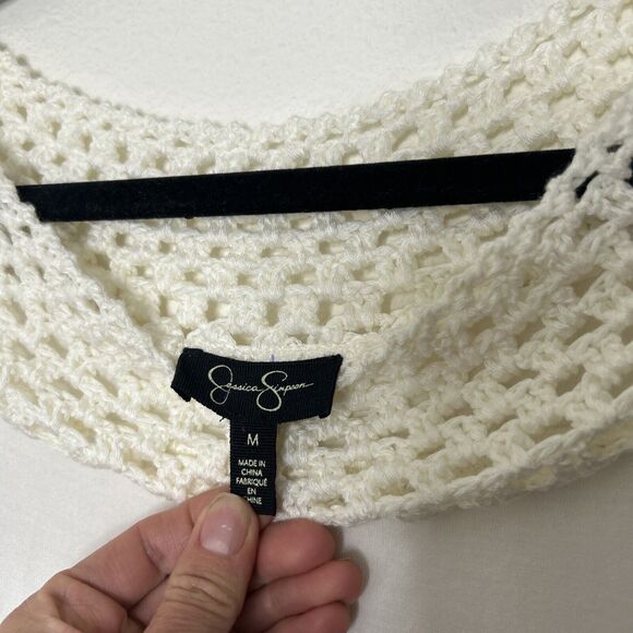 Jessica Simpson Women's Stefan Lace Shoulder Hugger Smock Hem Top Gardenia Sz M - Picture 4 of 7